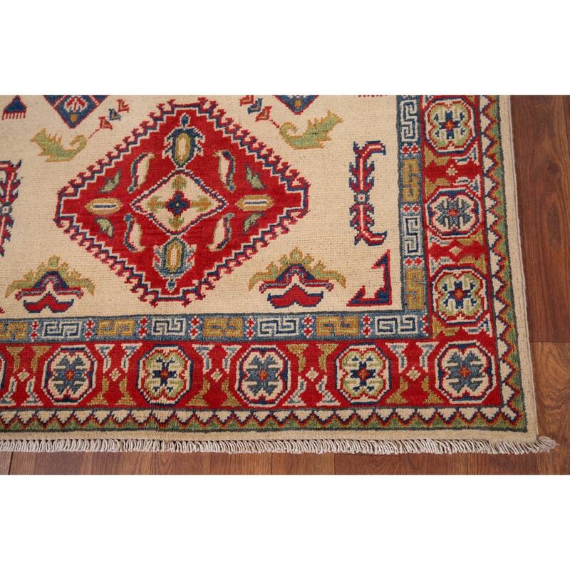 Geometric Kazak Accent Rug Hand-Knotted Beige Wool Carpet - 3'3" x 5'1"