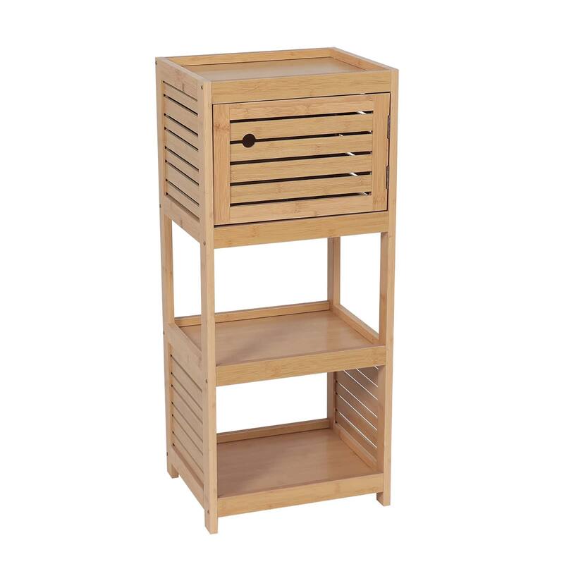 Compact Bathroom Storage Cabinet with Open Shelves and Vented Door, Natural - Trinidad Collection - 24.8"L x 9"W x 70.5"H