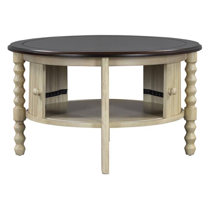 Round Slatted Coffee Table Accent Table with Storage Shelf, Modern Cocktail Table End Table with Sliding Door