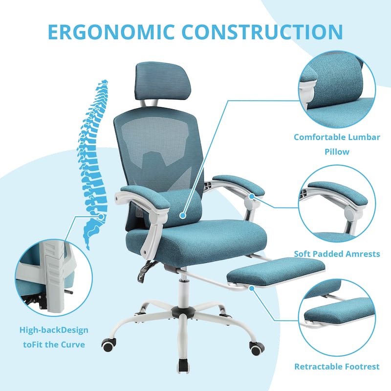 Home Office Desk Chair with Footrest, High-Back Mesh Rolling Swivel Reclining Chairs with Wheels, Comfortable Headrest