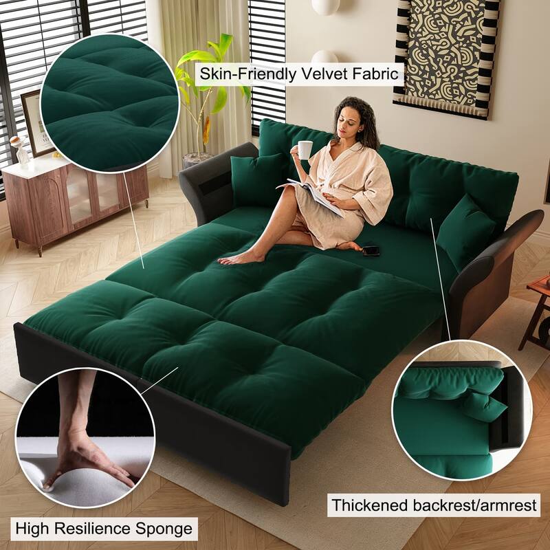 74.8" Convertible Sofa Bed with 2 Pillows, Velvet Loveseat Sleeper Couch, 2 Seater Upholstered Folding Sofa Bed with Flared Arms
