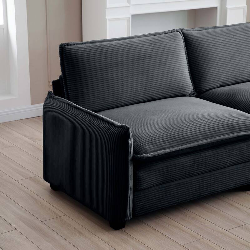 Grey 4-piece Corduroy Upholstered L-Shaped Modular Sectional Sofa with Removable Ottoman, 5 Pillows, and Free Combination