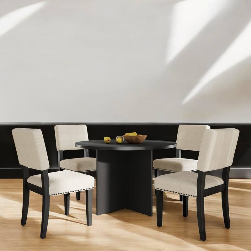 Modern 5-Piece Round Pedestal Dining Table Set with 4 Upholstered Chairs, Solid Wood Kitchen Set for Small Spaces & Apartments