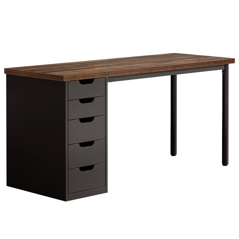 47" Computer Desk with 5 Drawers & Reversible Cabinet, Rustic Brown & Black