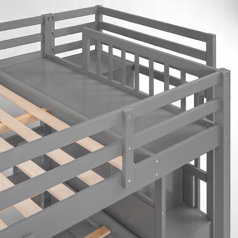 Wood Triple Bunk Bed Full Over Twin and Twin with Storage Drawers and Staircase, 600 lbs Capacity Top