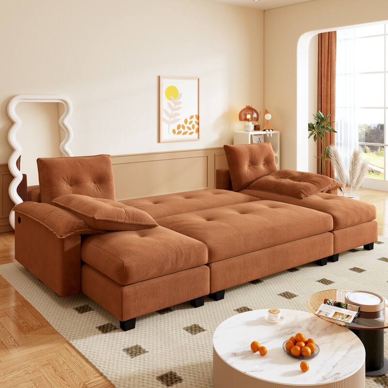 104.7" U-Shaped Sleeper Sofa, Convertible Sectional Couch with Pull-Out Bed, Removable Armrests, USB Ports & Chaise Lounge