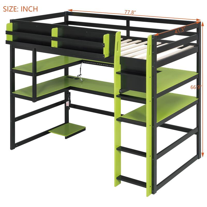 Loft Bed with Wraparound Study Hub, Side Storage Rack, USB Charging & RGB Light by Harper&Bright Designs