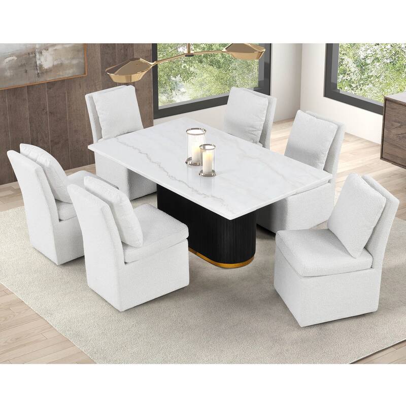 Furniture of America Torin Modern 7-Piece White Marble Top Dining Set with Boucle Upholstered Chairs