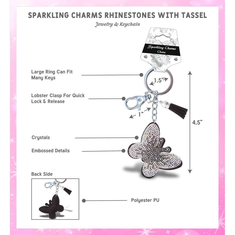 Aqua79 Butterfly Keychain - Grey Sparkling Rhinestones Charm w/ Tassel - 2.25 x 2.25 x 0.25 inches