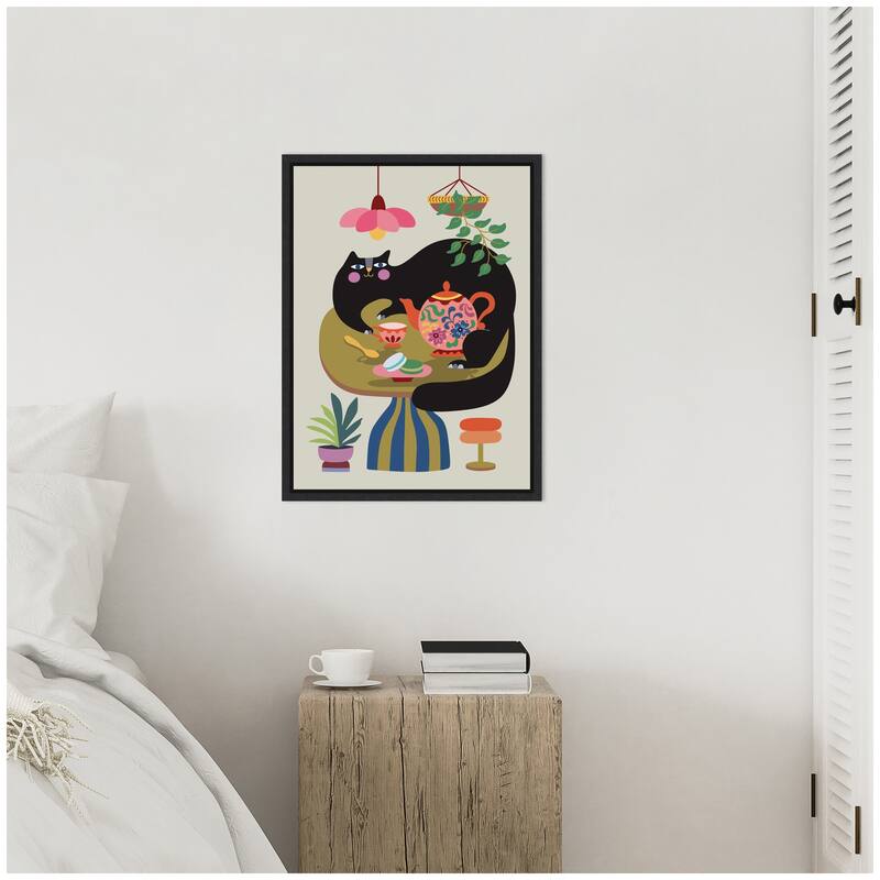 Kate and Laurel Sylvie Fat Cat Tea Party Framed Canvas by Rachel Lee