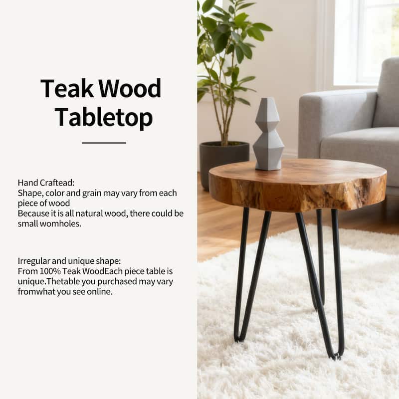 Round Natural Unique Shape Teak Wood End Table with Iron Legs