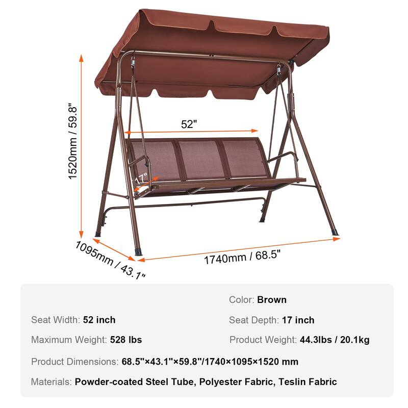 3-Seat Outdoor Swing Chair with Canopy, Armrests & Steel Frame - 68.5"×43.1"×59.8"