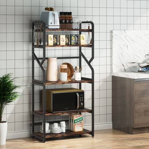 5 Tier Kitchen Bakers Rack, Large Utility Storage Shelf Microwave Stand, Rustic Brown