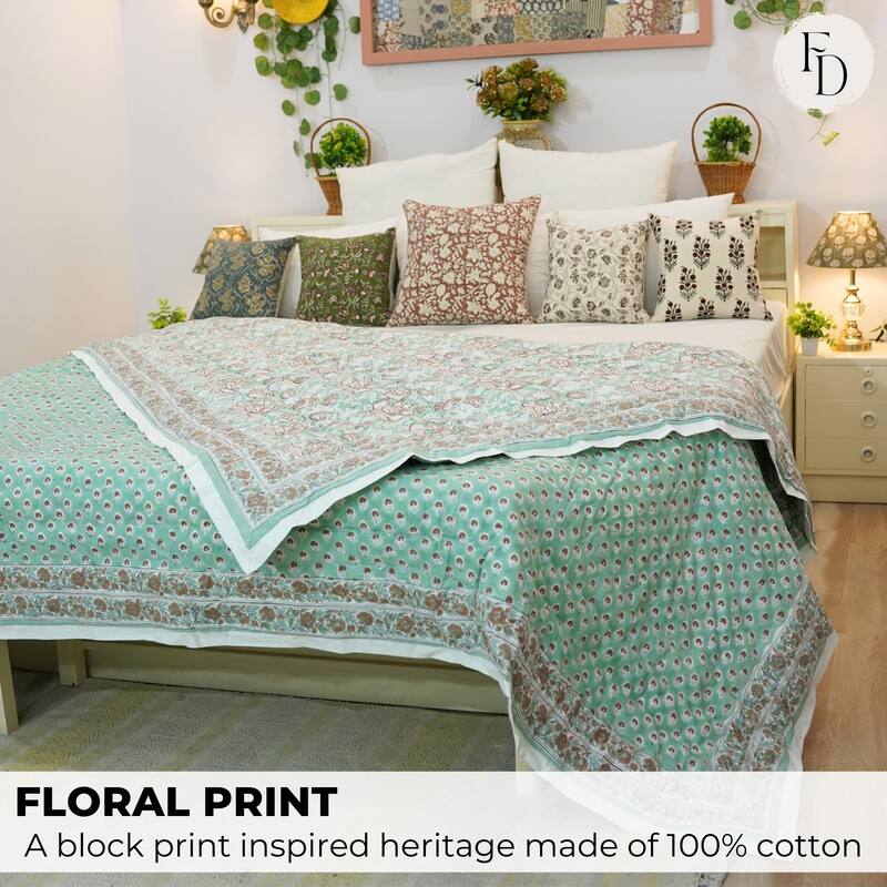 Fabdivine Hand Block Print Blue White Floral 100% Cotton Quilt - Handmade Reversible Organic Boho Bedding for Bedroom & Sofa
