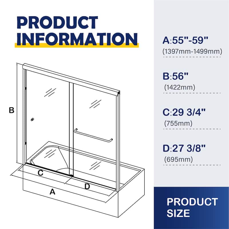 i-Homare 55-59" W x 56" H Bath Tub Semi-Frameless Sliding Shower Door