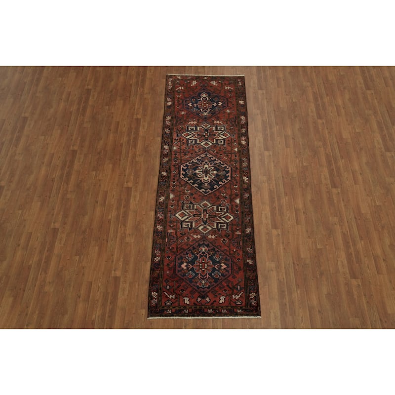 Hand Knotted Oriental 100% Wool Carpet Traditional Tribal Red Heriz Runner Rug - 10' 3'' X 3' 3''