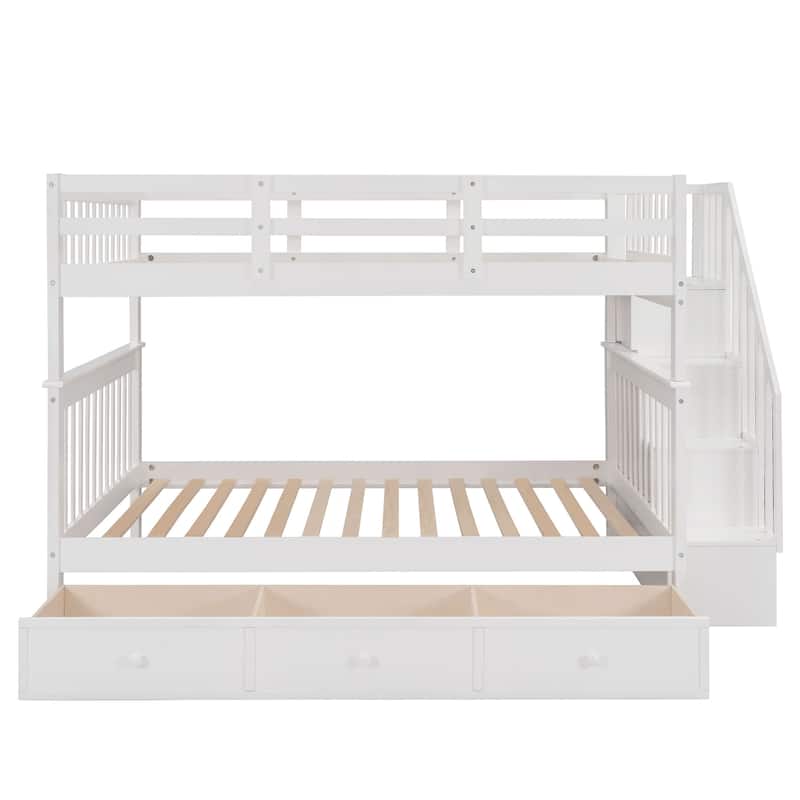 Full-Over-Full Bunk Bed with Drawer, Storage, and Guard Rail, White