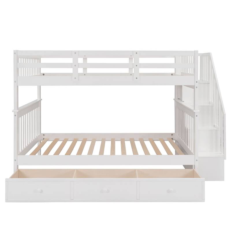 Wood Stairway Bunk Beds with 3 Under Bed Drawers, Storage Staircase and Guard Rail, Solid Wood Bedframe for Bedroom/Dorm