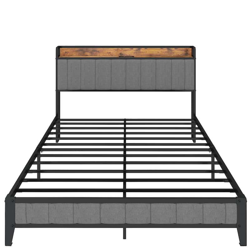 Dark Gray Queen Size American Metal Platform Bed with Charging Station & Upholstered Headboard