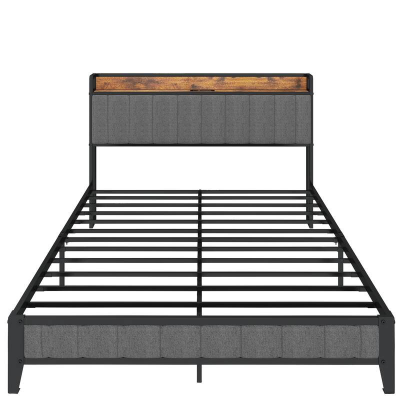 Sturdy Full/Queen Bed Frame with Charging Ports, Grey Upholstered Headboard & Under-Bed Storage