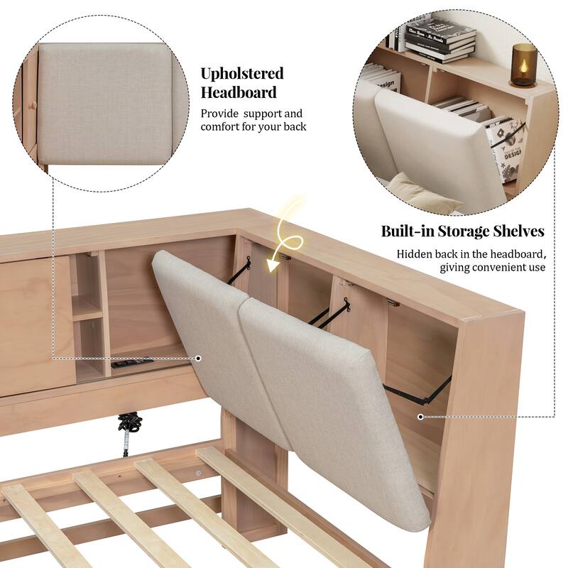 L-shaped Daybed Wooden Corner Sofa Bed Frame with Sliding Doors Bookcase Captains Bed, Upholstered Headboard Built-in Storage