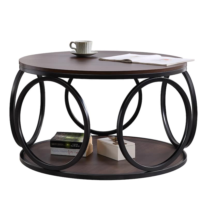 2-Tier Round Industrial Coffee Table with Metal Frame - 31.5"Dia x 18.7"H