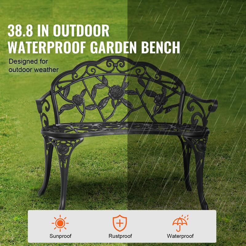 Black Metal Outdoor Garden Bench, Floral Design, 480lb Patio Seating - 22.4” L x 38.8” W x 31.1” H