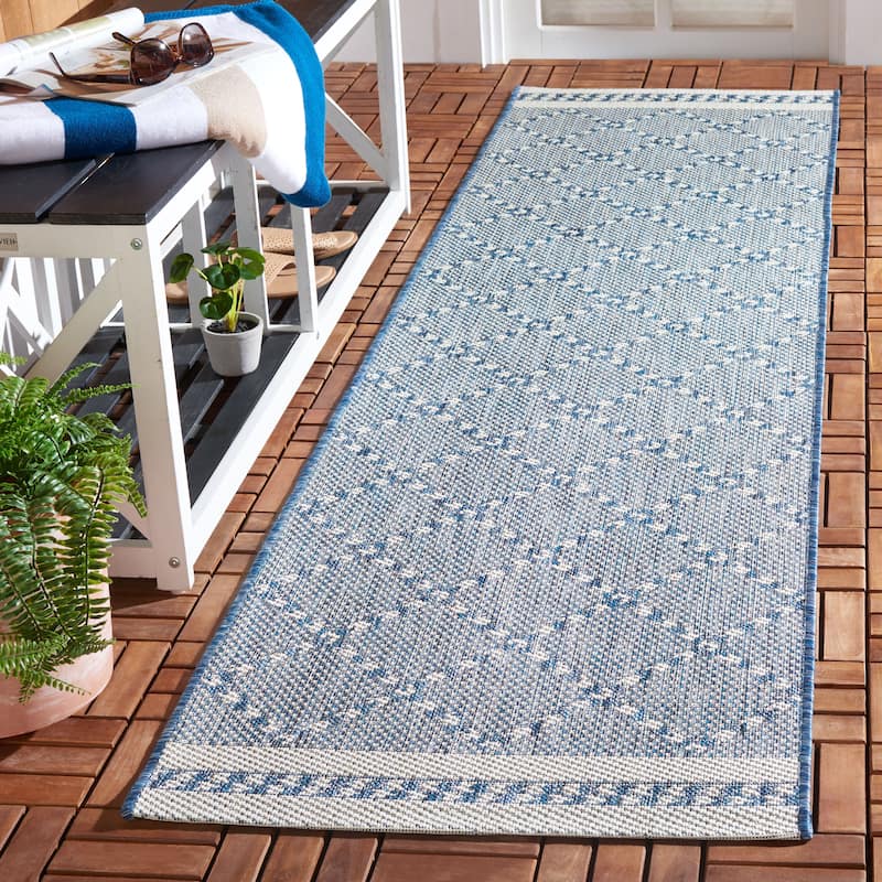 SAFAVIEH Courtyard Minija Transitional Indoor/Outdoor Rug - 2'3" x 8' Runner - Navy/Ivory