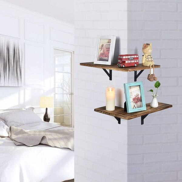 Set of 2 Corner Wall Shelves Rustic Wood Corner Floating Shelves