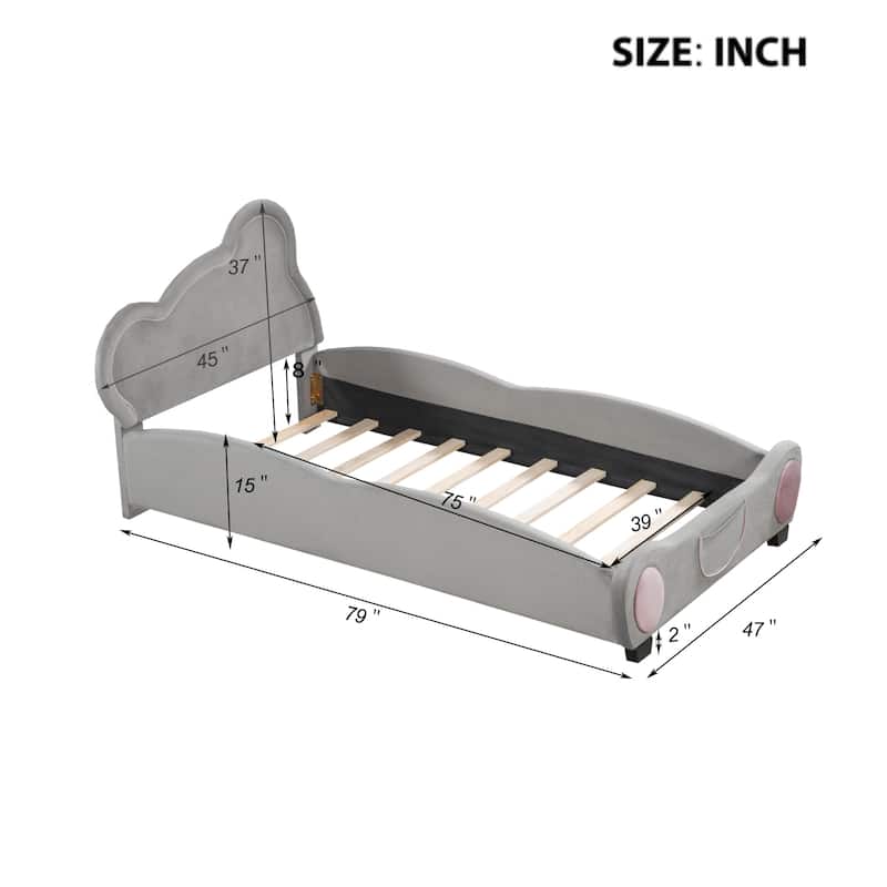 Gray Twin Size Velvet Platform Bed with Bear-Shaped Headboard and Bed-End Storage Pocket