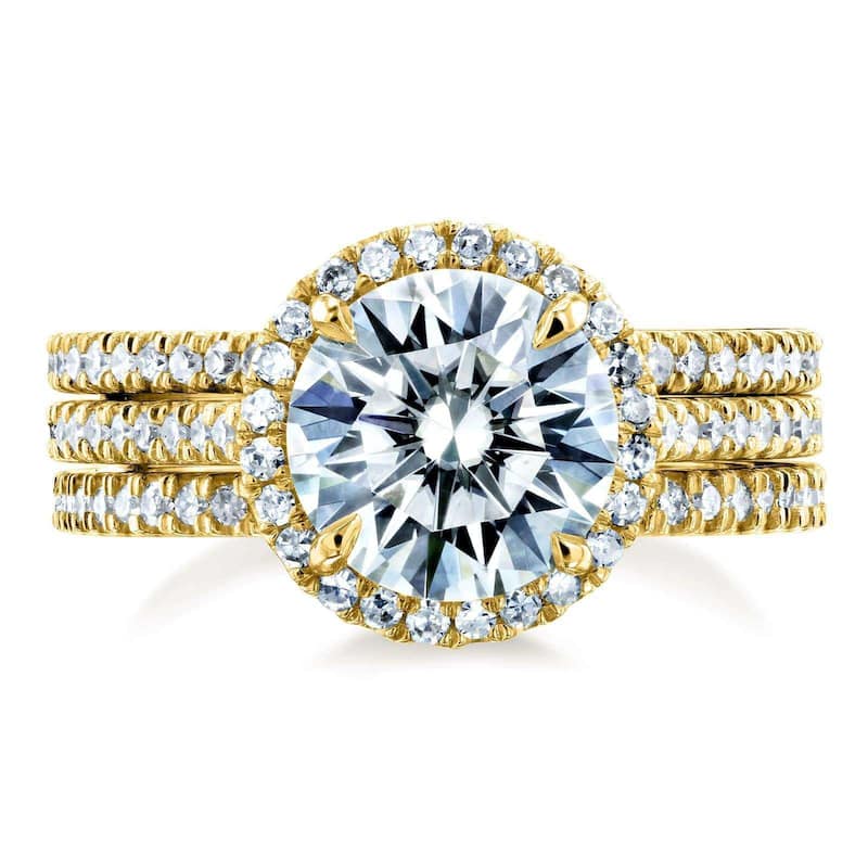 Kobelli 2.4 Carats Moissanite & Natural Diamond 14k Solid Gold Raised Round Halo Half Eternity Bands Capri 3pc Bridal Set
