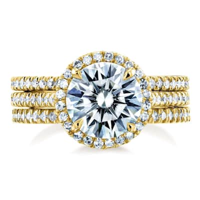 Kobelli 2.4 Carats Moissanite & Natural Diamond 14k Solid Gold Raised Round Halo Half Eternity Bands Capri 3pc Bridal Set