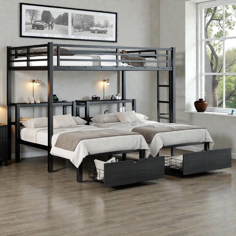 Full XL Over Twin Twin Triple Bunk Bed with Drawers, Metal Frame with Shelving Headboard and USB Ports - Black - Twin