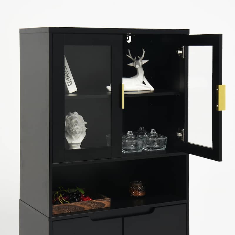 Tall Storage Show Cabinet with 2 Glass Display Door & 2 Doors, Tall Kitchen Pantry Cabinet with Gold Handles