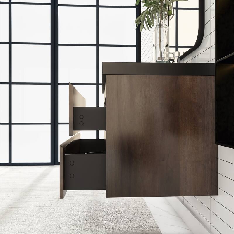 24/30/36 inch Wall-Mounted Bathroom Vanity Set in Grey Oak with Integrated Black Resin Sink