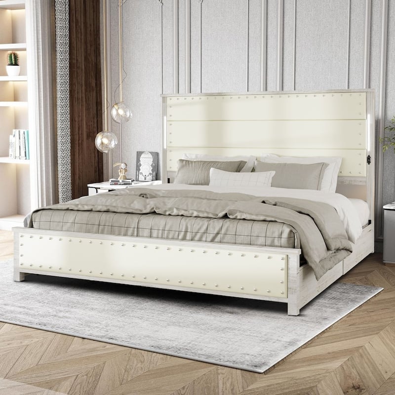 Modern luxury style upholstered bed frame with LED lighted headboard, charging port and nailhead trim, drawers for bedroom - King