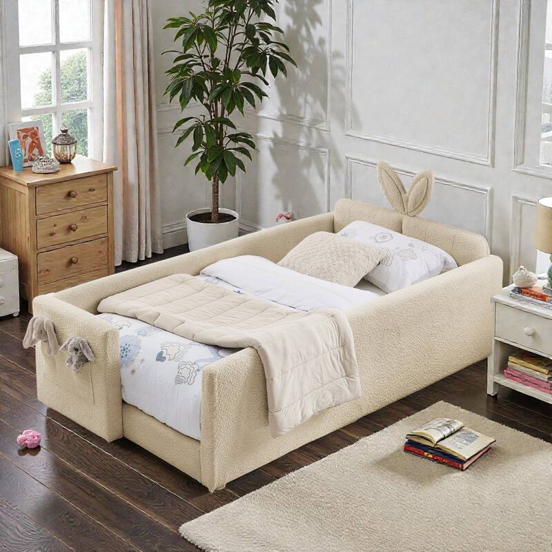 Twin Size Upholstered Platform Bed with Rabbit Ear Headboard, Kids Boucle Fabric Bed Frame with Safety Rail and Pocket