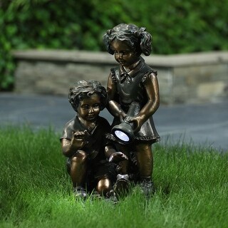Bronze MgO Boy and Girl with Frog Garden Statue with Solar Light