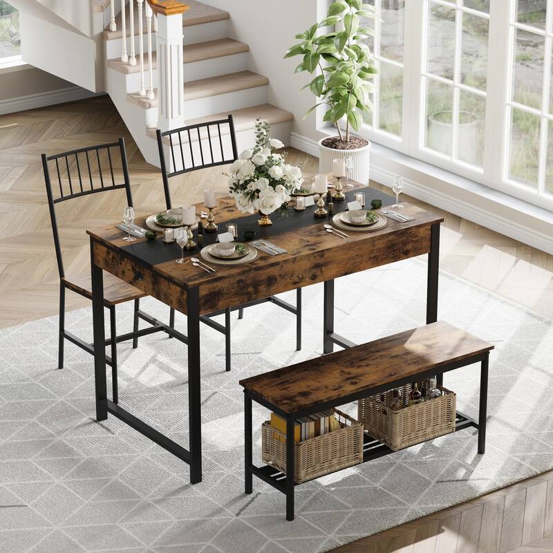 Dining Table Set for 4, Small Kitchen Table and 2 Chairs for 4 with Bench - Brown