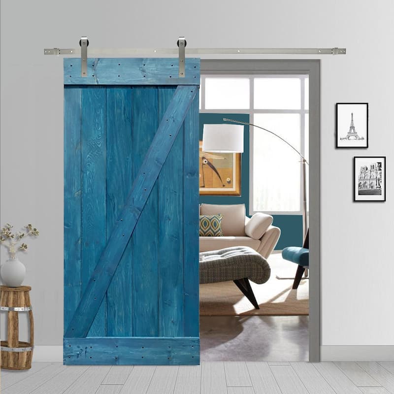 CALHOME Z Bar Series Solid Pine Wood Sliding Barn Door w/ Hardware Kit - Ocean Blue - 24 x 84