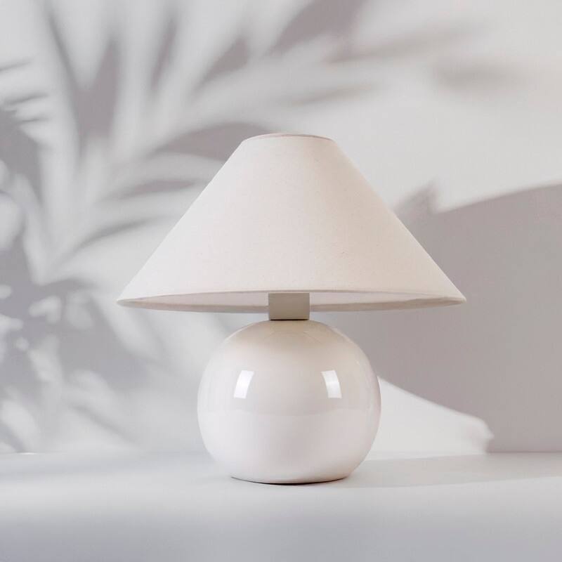 Brightech Fiona LED Off-White Cream Ceramic Midcentury Round Globe Bedside Nightstand Desk Lamp with Cream Cotton Empire Shade