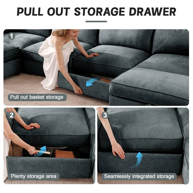 GDFStudio - Chenille 2-Seater 78.7" Sofa with Movable Ottoman and Storage Drawers