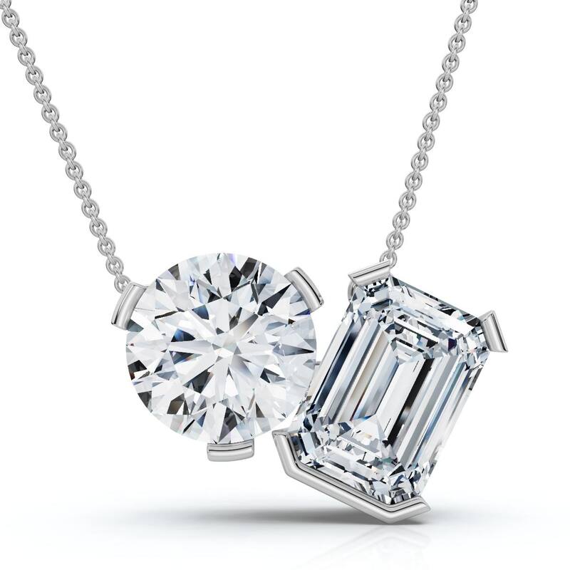 Bliss Diamond 2Ct Toi Et Moi Round & Emerald Diamond Pendant Gold 18" Necklace Lab Grown