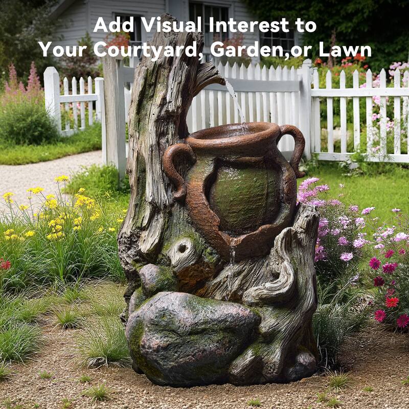Vbal Outdoor Water Fountain with LED Lights – Weather-Resistant Faux Wood Tree Trunk Design