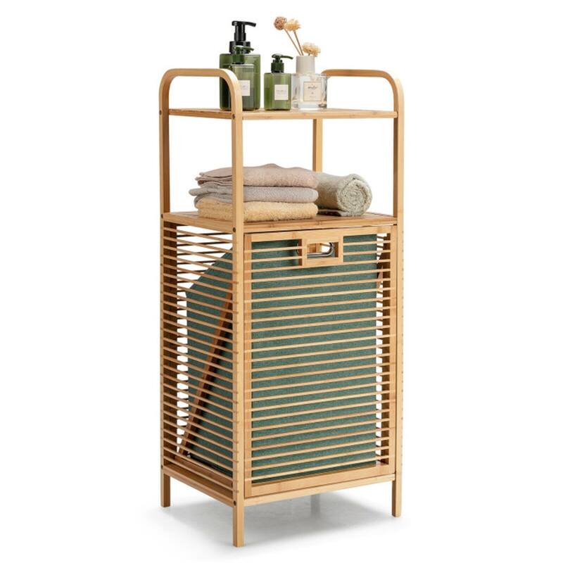 Wicker Bathroom Shelf with Removable Laundry Basket 2-Tier Storage Organizer - 16" × 12" × 38" (L × W × H)