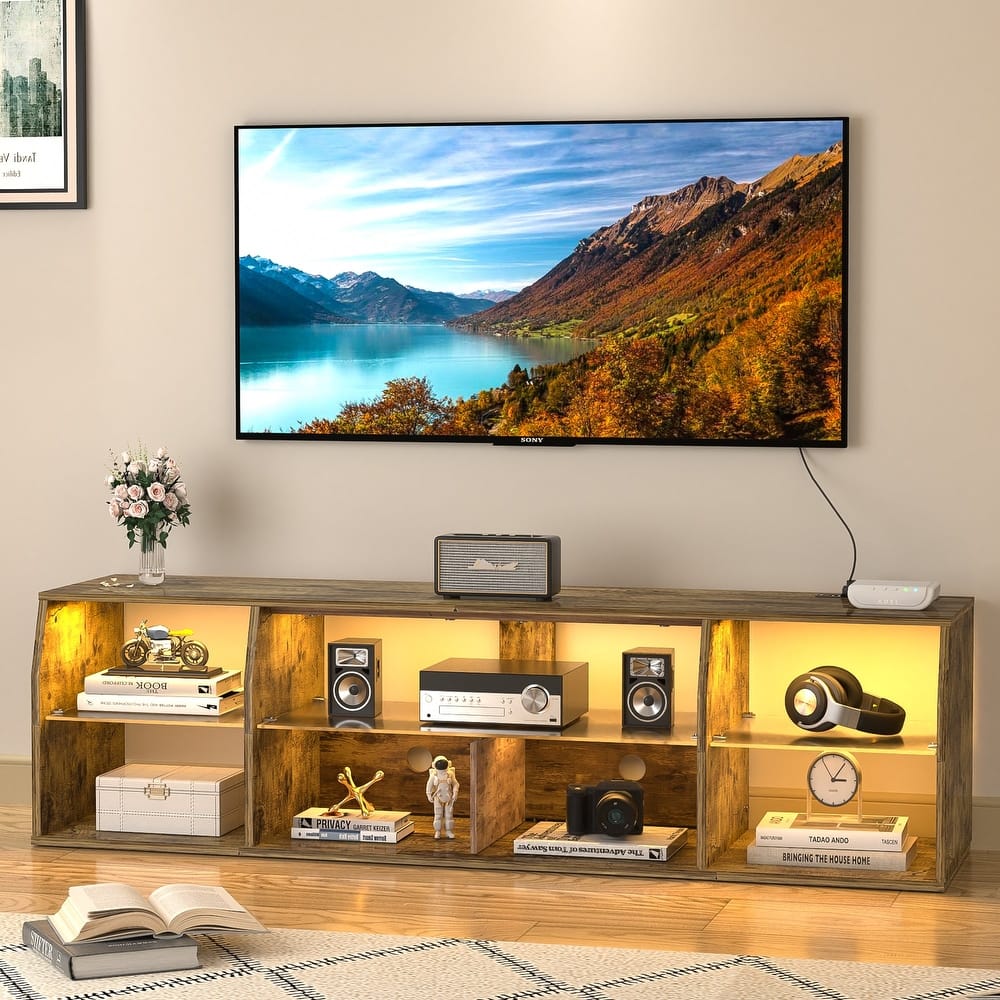 VECELO TV Stand with LED Light Industrial Entertainment Center with 7 Open Storage