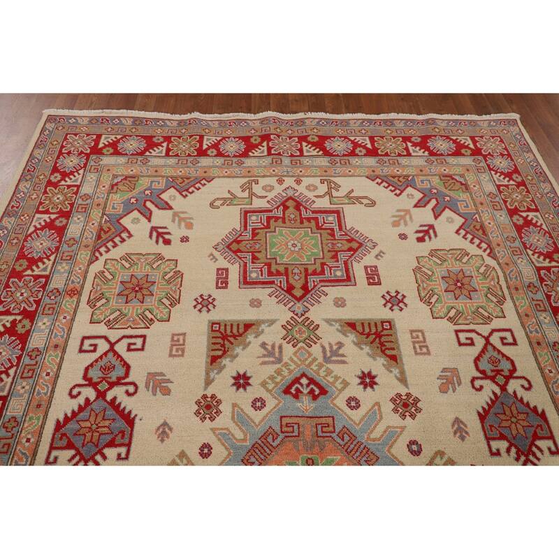 Oriental / Geometric Kazak Area Rug Hand-Knotted Wool Carpet - 6'6" x 9'8"