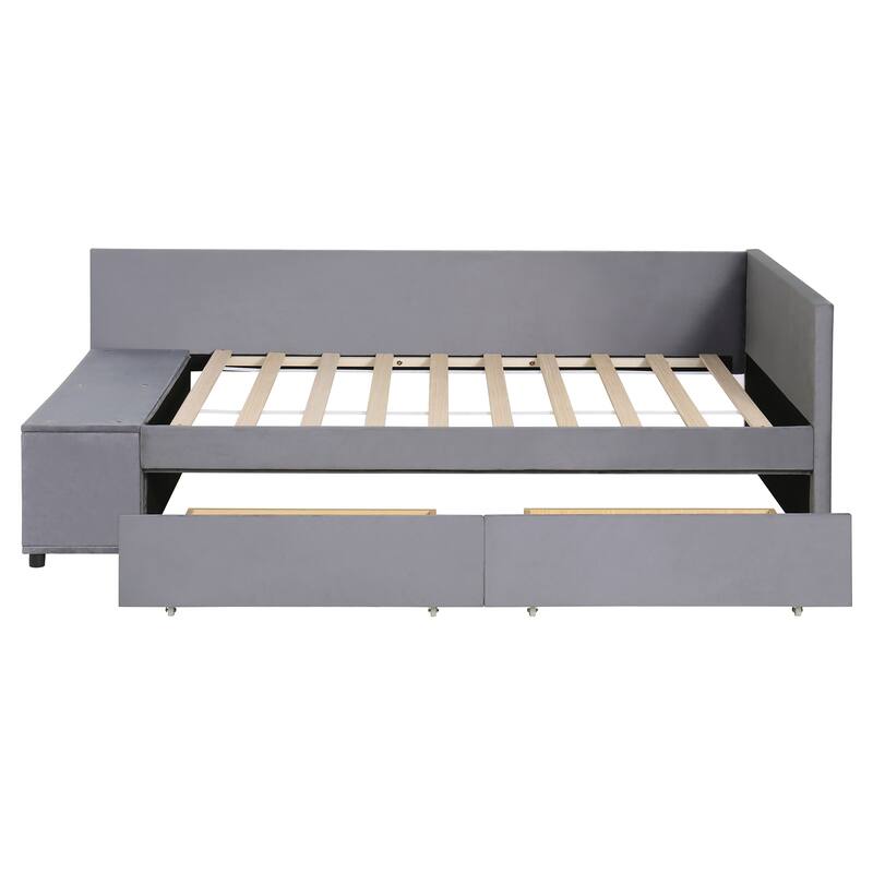 Twin Size L-Shaped Upholstered Platform Bed with Storage and Drawers in Gray
