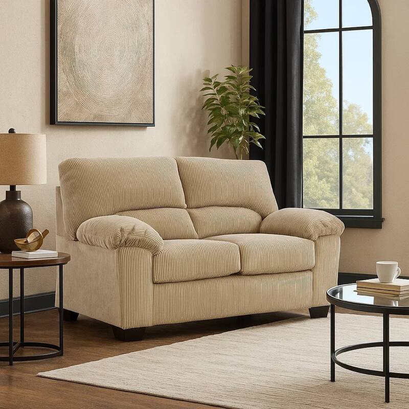 Simy Loveseat, 63 Inch Modern Style Sand Beige Polyester, Pillow Arms
