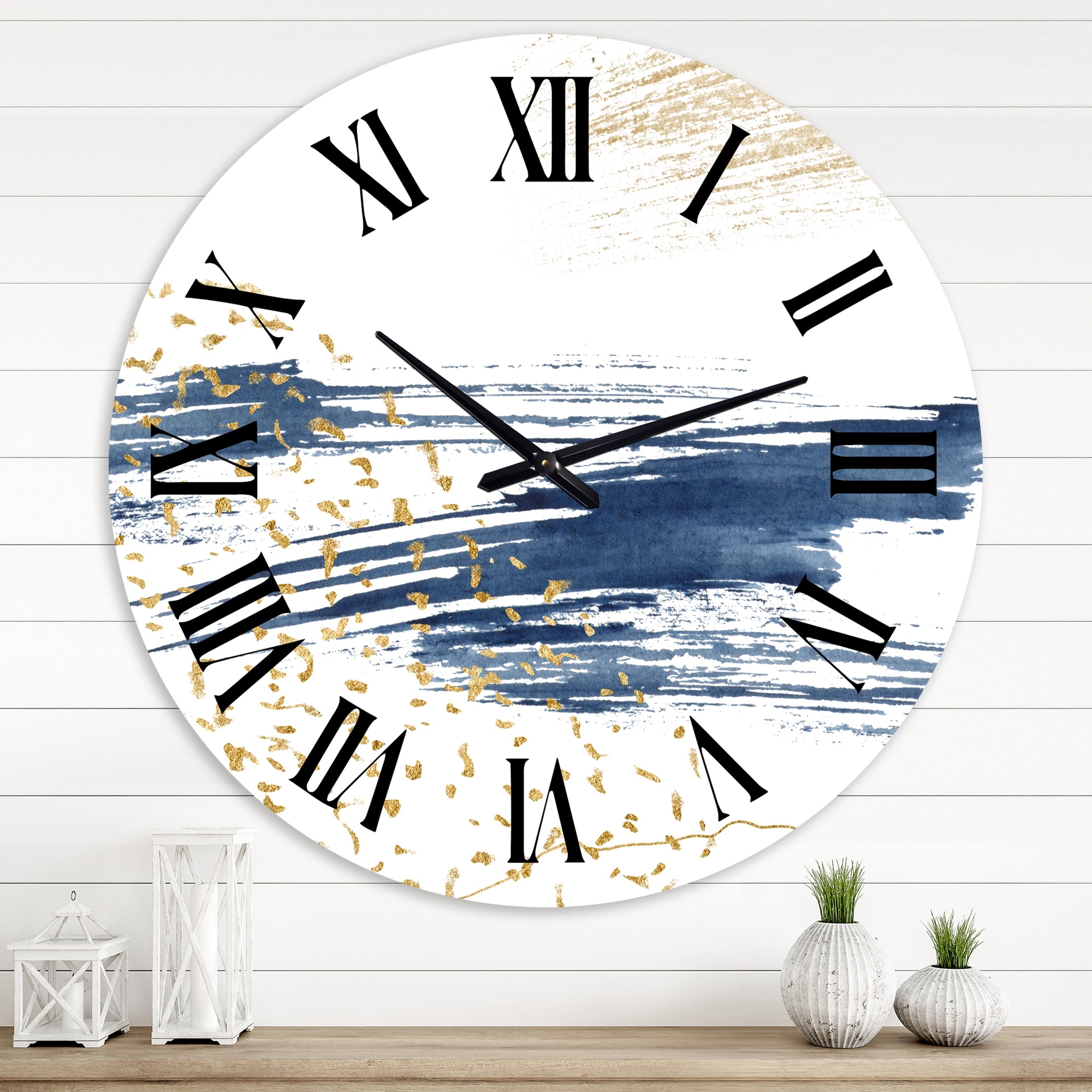 Designart 'Dark Blue and Gold Abstract I' Modern wall clock